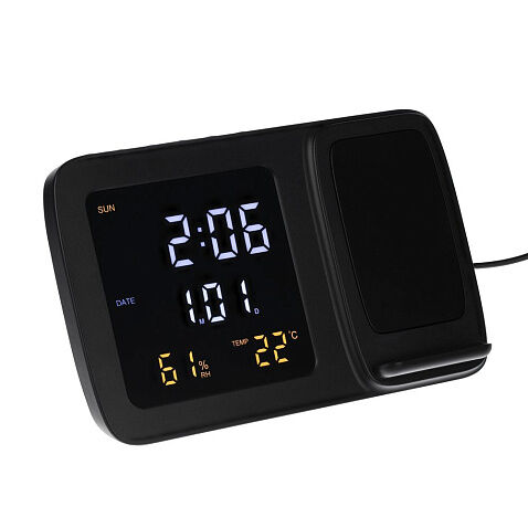 Станция беспроводной зарядки с часами и календарем и подсветкой лого Novem, черная