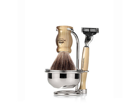 Бритвенный набор Mondial: станок, помазок, чаша, подставка; светлый и серый перламутр Бритвенный набор Mondial: станок, помазок, чаша, подставка; светлый и серый перламутр