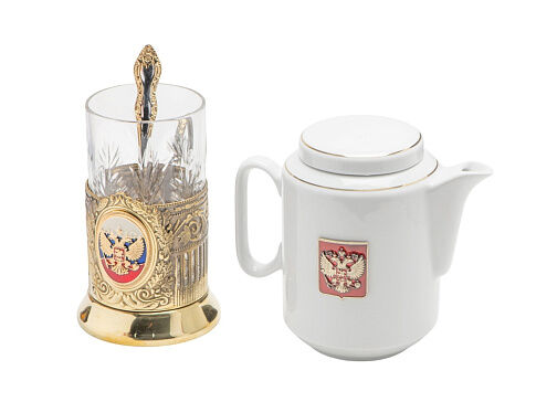 Чайный набор с подстаканником и фарфоровым чайником ЭГОИСТ-Л, золотистый/белый