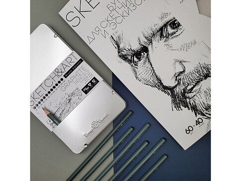 Набор чернографитовых карандашей  Sketch & Art ,12 шт. b-14b,  металлическая коробка с ложементом