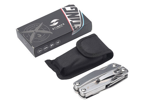 Мультитул Stinger, 100x45 мм, 11 функций, сталь, серебристый, в комплекте нейлоновый чехол
