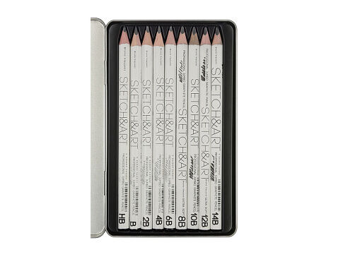 Набор чернографитовых карандашей  Sketch & Art  утолщенные,9 шт. hb-14b,  металлическая коробка с ложементом